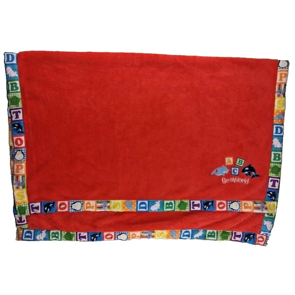 Sea World Red Baby Blanket Block Trim Unisex Soft Fleece 30x40 Whale Dolphin